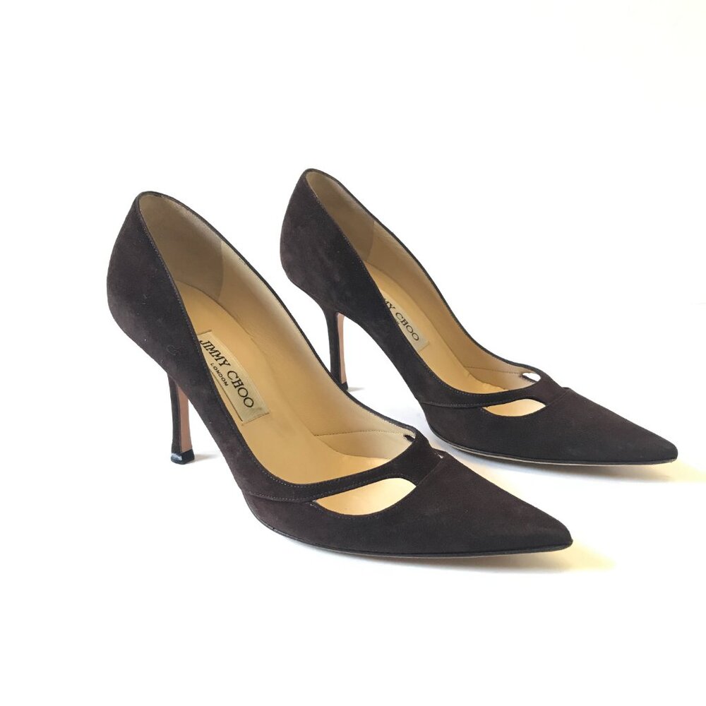 Jimmy Choo Ewok Heels Pumps Womens 37.5 7.5 Brown Suede Pointed Toe Cut Out Shoe